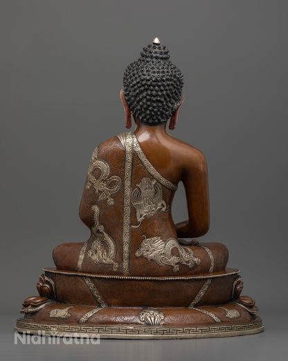 Amitabha Buddha statue with hand carved deer and silver plated dragon motifs.