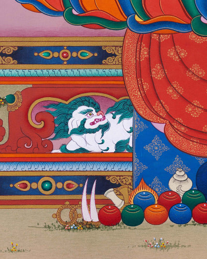 Amitabha Buddha Thangka Print close-up of snow lions, offerings, and traditional Tibetan art details