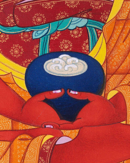 Amitabha Buddha Thangka Print detailed view of alms bowl held in Dhyana Mudra meditation gesture