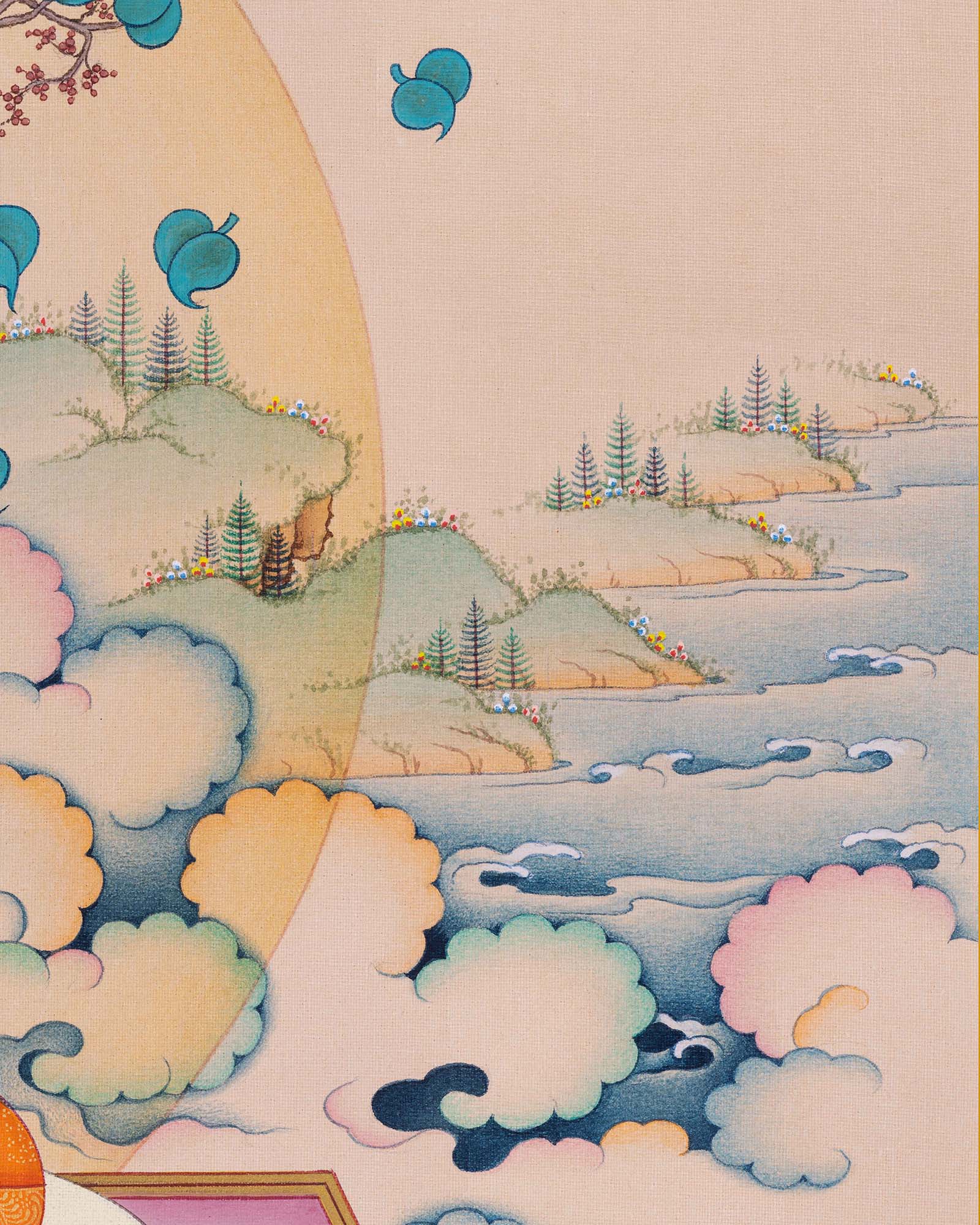 Amitabha Buddha Thangka Print landscape detail with clouds, mountains, and peaceful Pure Land scenery