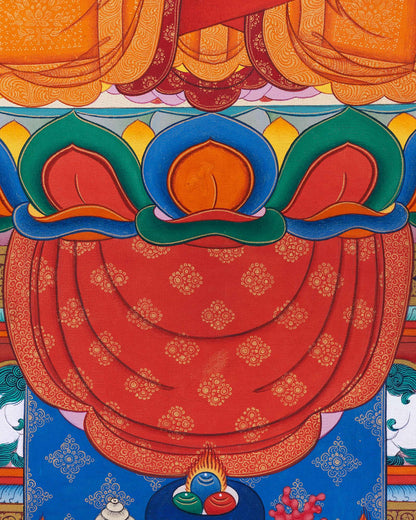 Amitabha Buddha Thangka Print lotus throne detail with colorful petals and sacred Buddhist symbolism