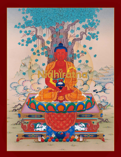 Amitabha Buddha Thangka Print seated on lotus throne with tree background and Tibetan Buddhist artwork