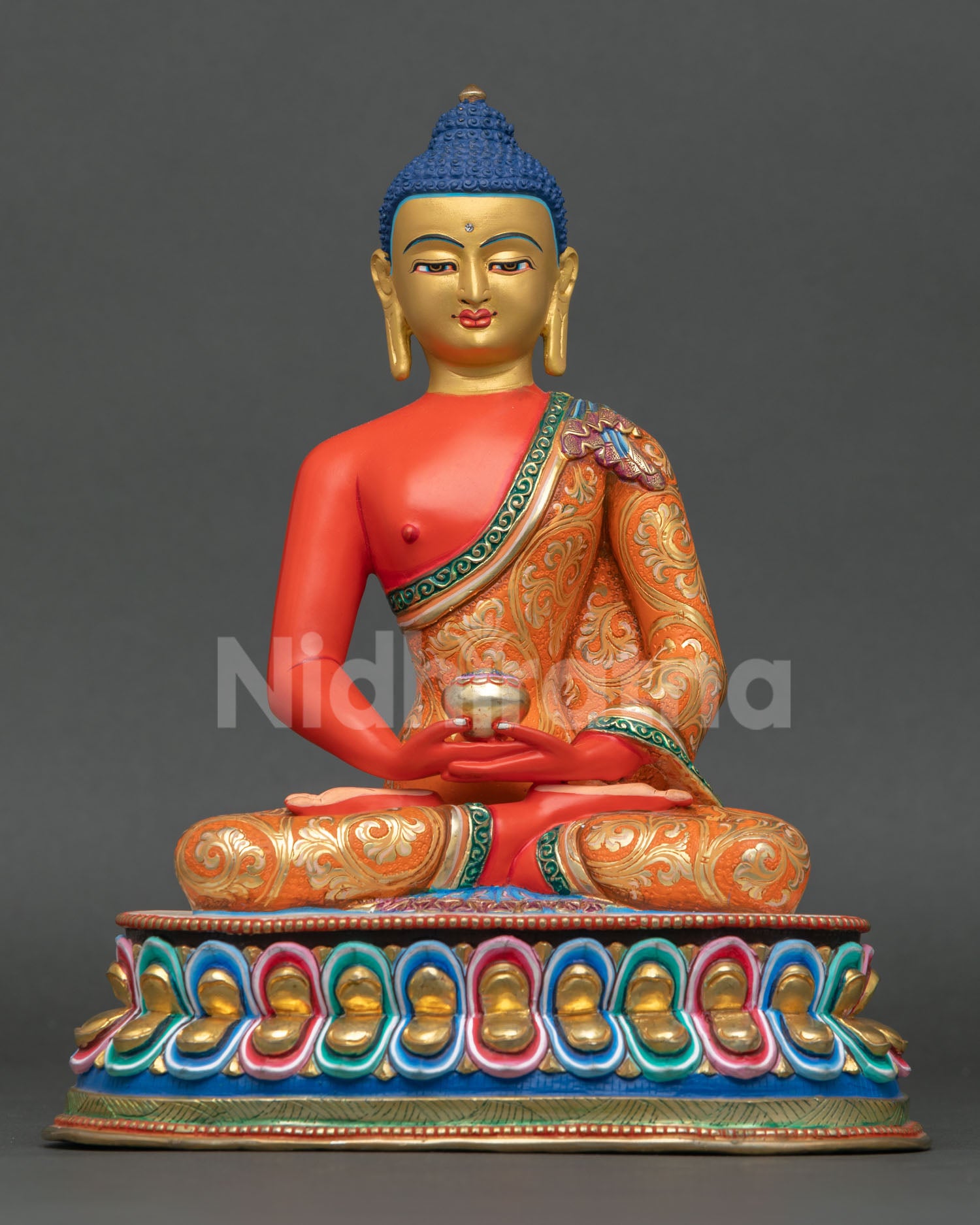 Front view of Amitabha Buddha statue handmade in Nepal by Newari artist copper sculpture lost wax casting gold painted face lotus throne for meditation and altar decor