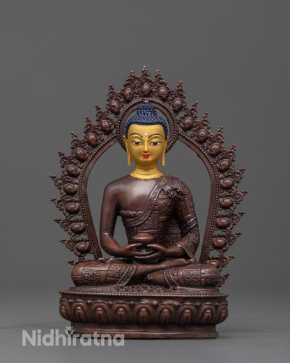 amitabha buddha statue front view with gold face and brown oxidized copper body