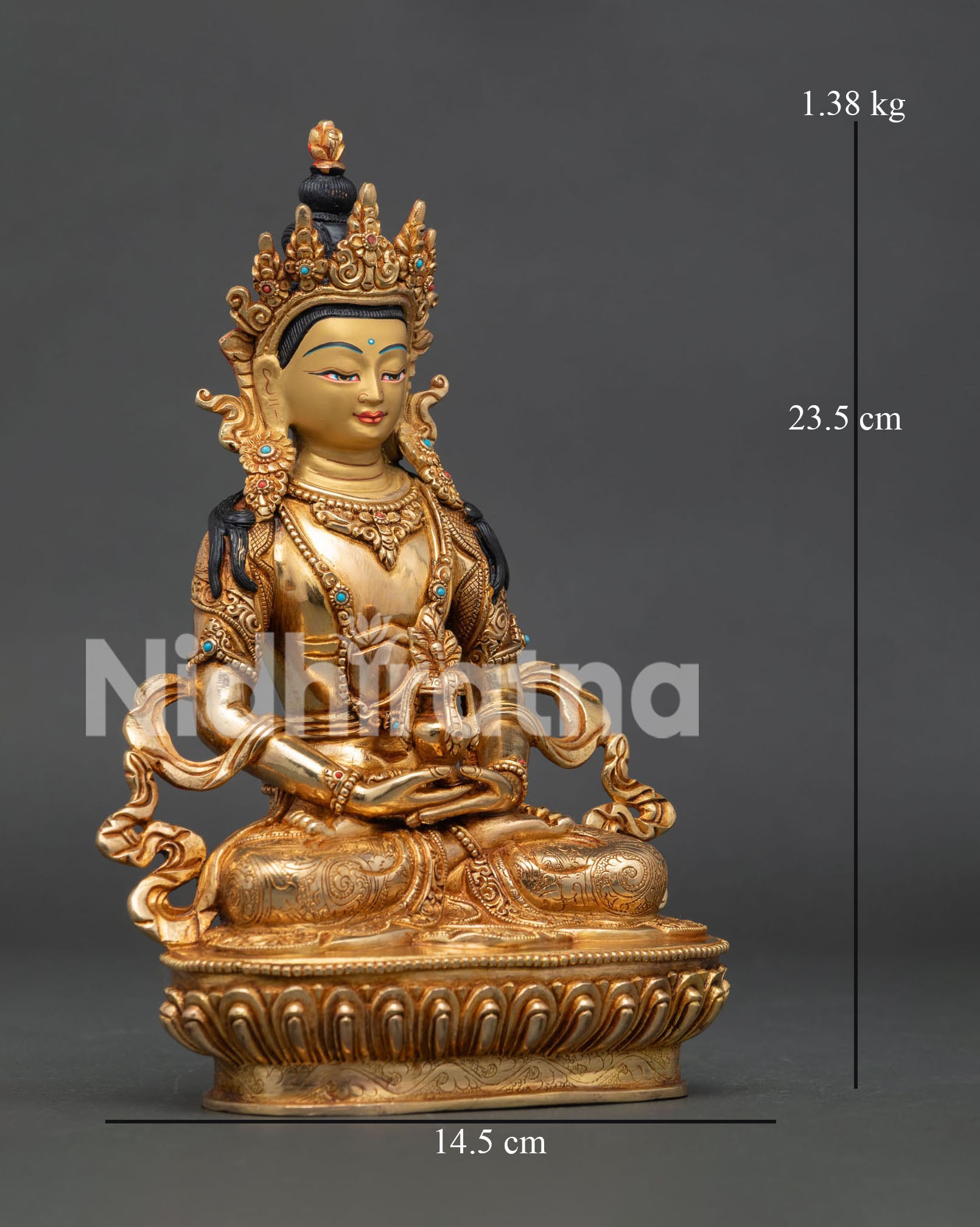 Amitayus Buddha sculpture, seated on lotus pedestal holding longevity vase in Dhyana mudra posture
