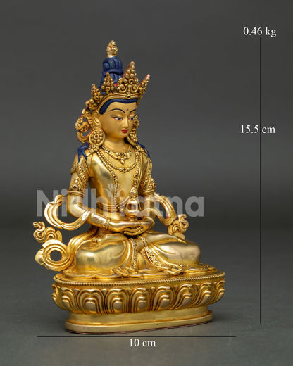 Amitayus Bodhisattva sculpture, a Himalayan copper statue with a lotus throne