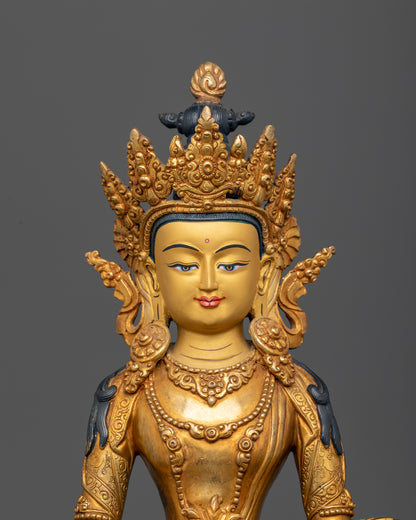 Amitayus Buddha gold-painted face with intricate details and traditional Newari metalwork