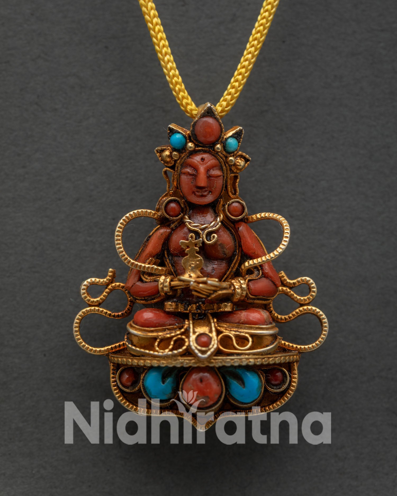 Amitayus Buddha Longevity Pendant, Cast in Copper with Gold Plated Finish and Stone Inlay