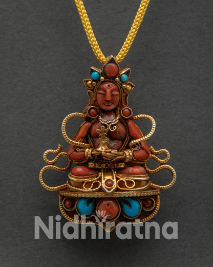Amitayus Buddha Longevity Pendant, Cast in Copper with Gold Plated Finish and Stone Inlay