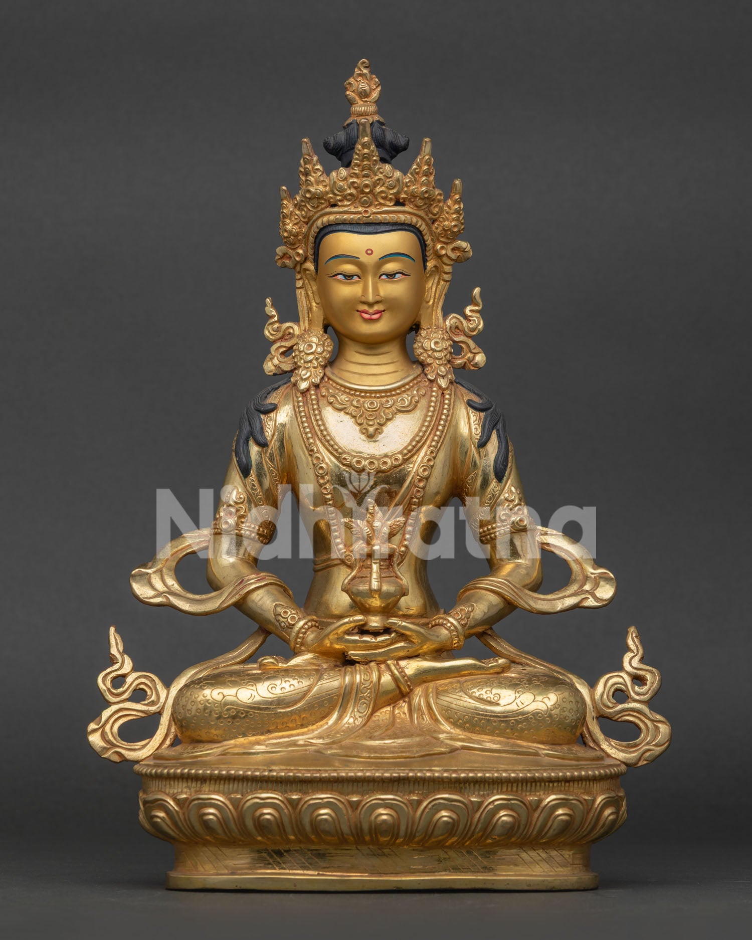 Amitayus Buddha Statue 24K Gold Fire Gilded Copper Front View.