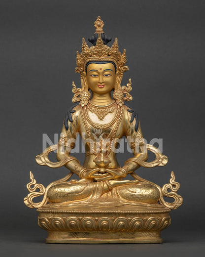 Amitayus Buddha Statue 24K Gold Fire Gilded Copper Front View.
