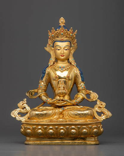Amitayus Buddha Statue with 24K gold fire gilding and semi-precious stones handcrafted in Nepal