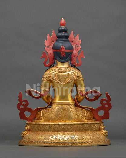 Amitayus Buddha Statue back view gold gilded copper celestial jewelry Newari art.