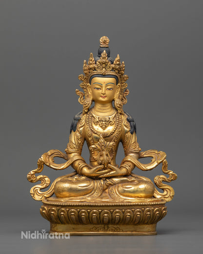 Amitayus Buddha statue made from copper with gold fire gilding and a 24K gold face.