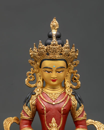 Amitayus Buddha statue copper gold gilded 24K gold painted face.
