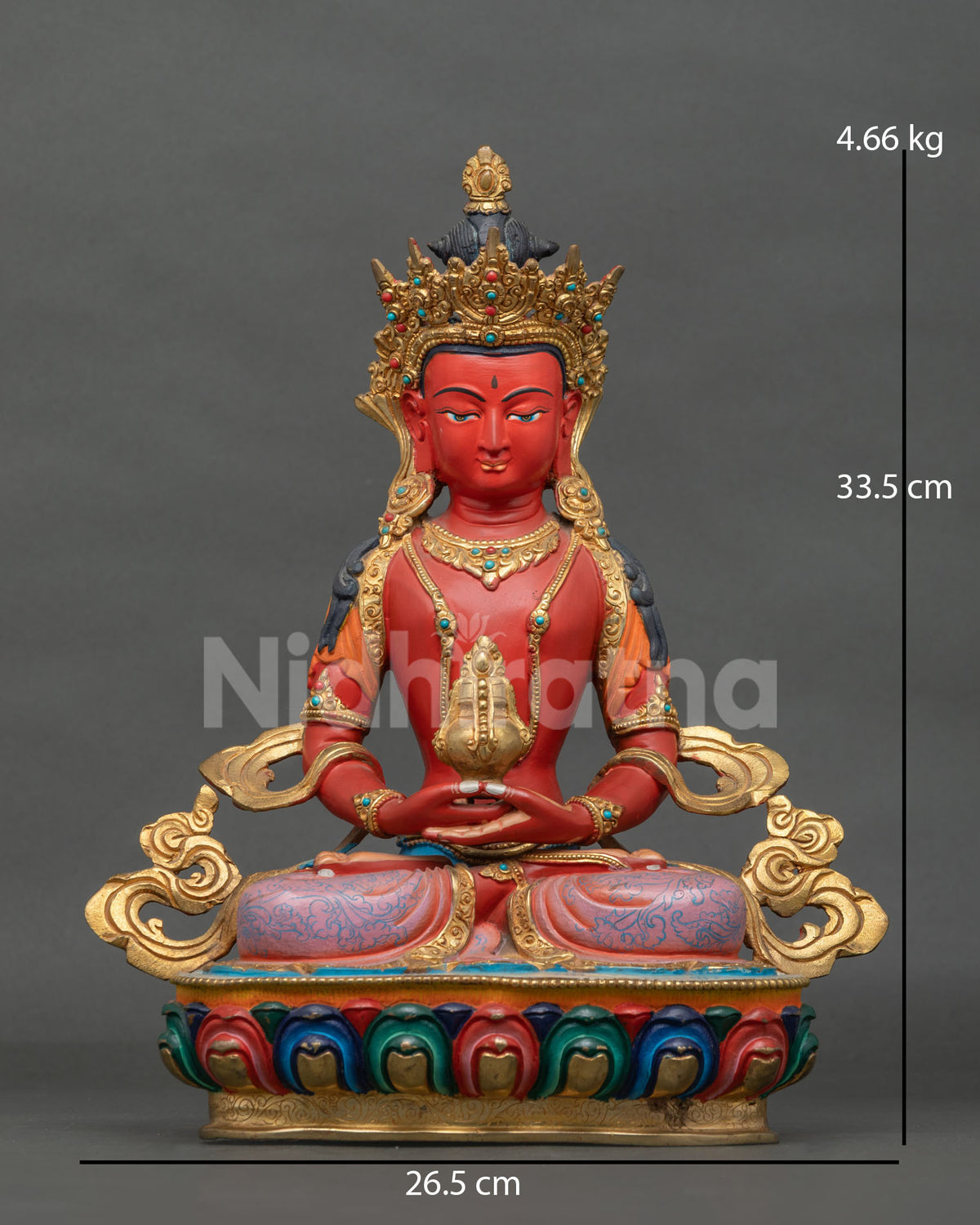 Amitayus Buddha statue crafted from copper with gold gilded details and a multicolor lotus throne.