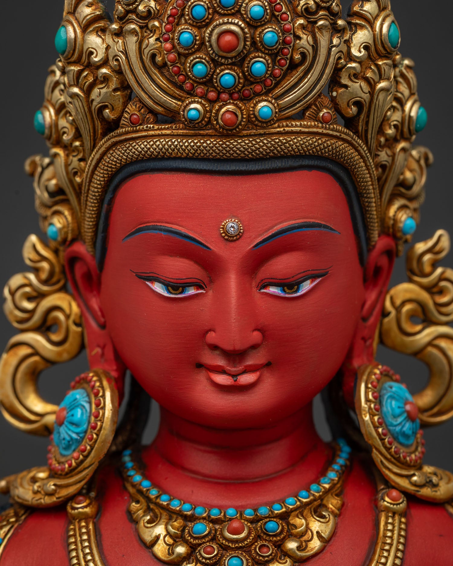 Amitayus Buddha Statue detailed close up face with hand painted serene expression