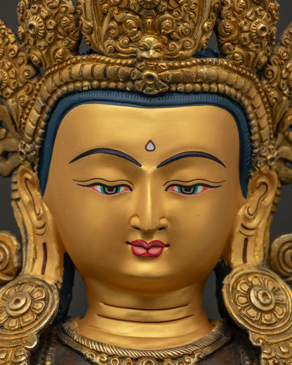 amitayus buddha statue detailed face close up with serene expression and gold accents