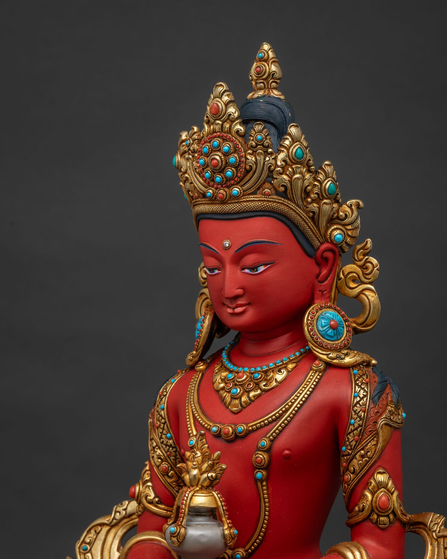 Amitayus Buddha Statue detailed side close up showing ornaments and engraved robes