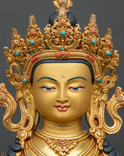 Amitayus Buddha Statue face close up 24K gold painted face five jewel crown.