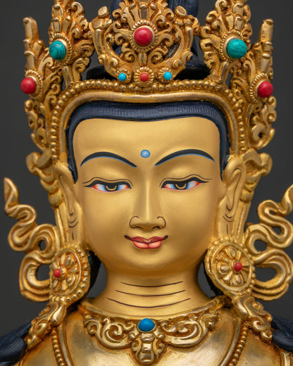 Amitayus Buddha statue face close-up, gold-painted serene expression, Nepal art