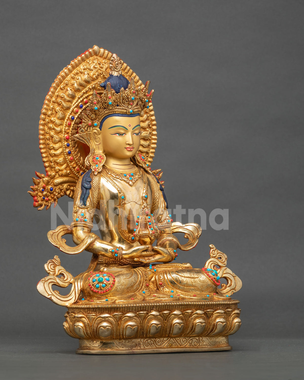 Amitayus Buddha statue featuring a five-jeweled crown, intricate carvings, and semi-precious stone inlays.