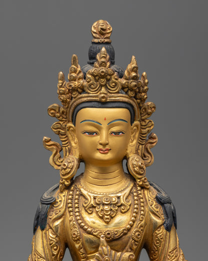 Amitayus Buddha statue featuring a five jewel crown and ornate golden jewelry.