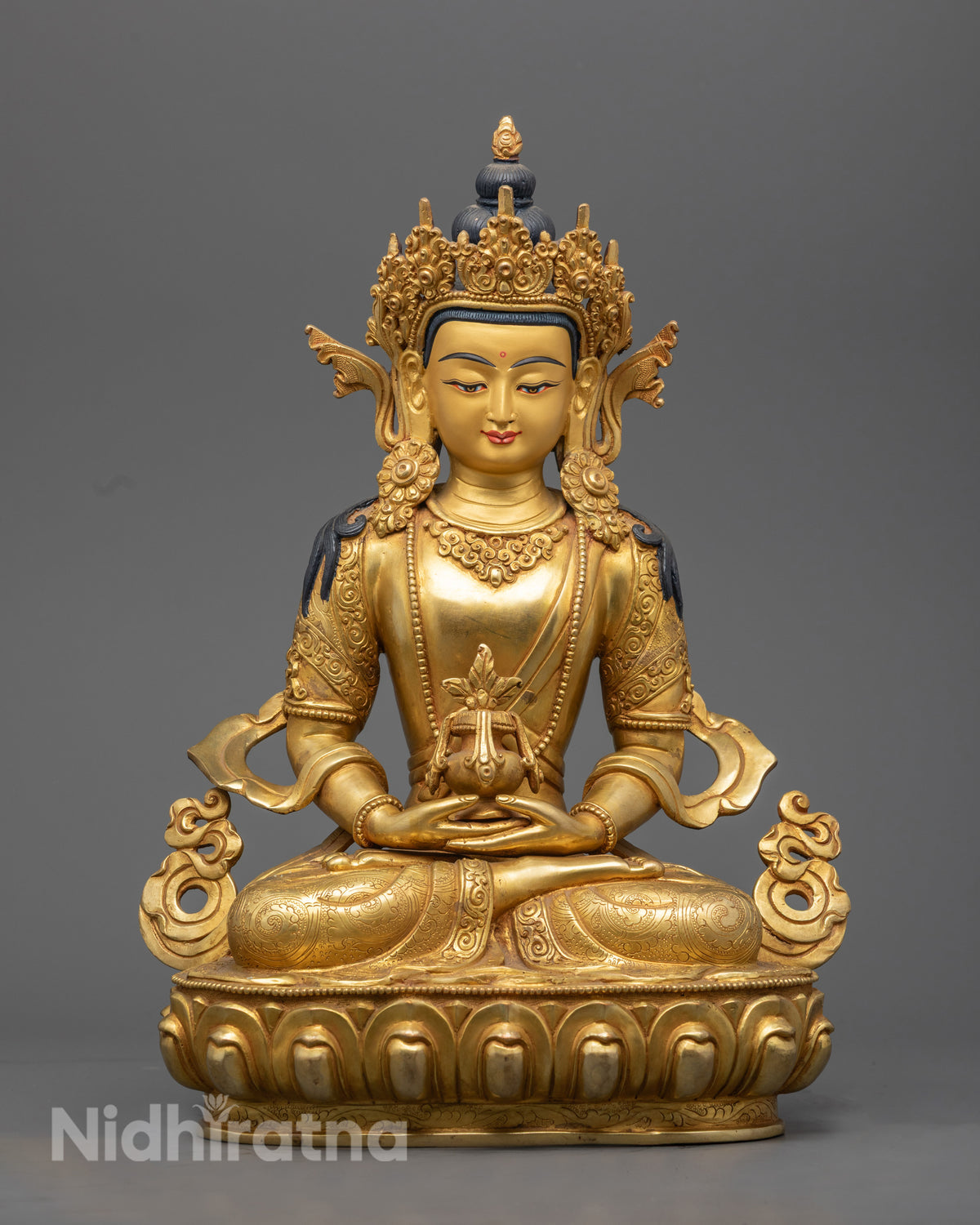 Amitayus Buddha statue front view, 24K gold-gilded copper, handmade in Nepal
