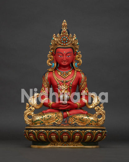 Amitayus Buddha Statue front view handcrafted Nepalese gold gilded copper sculpture