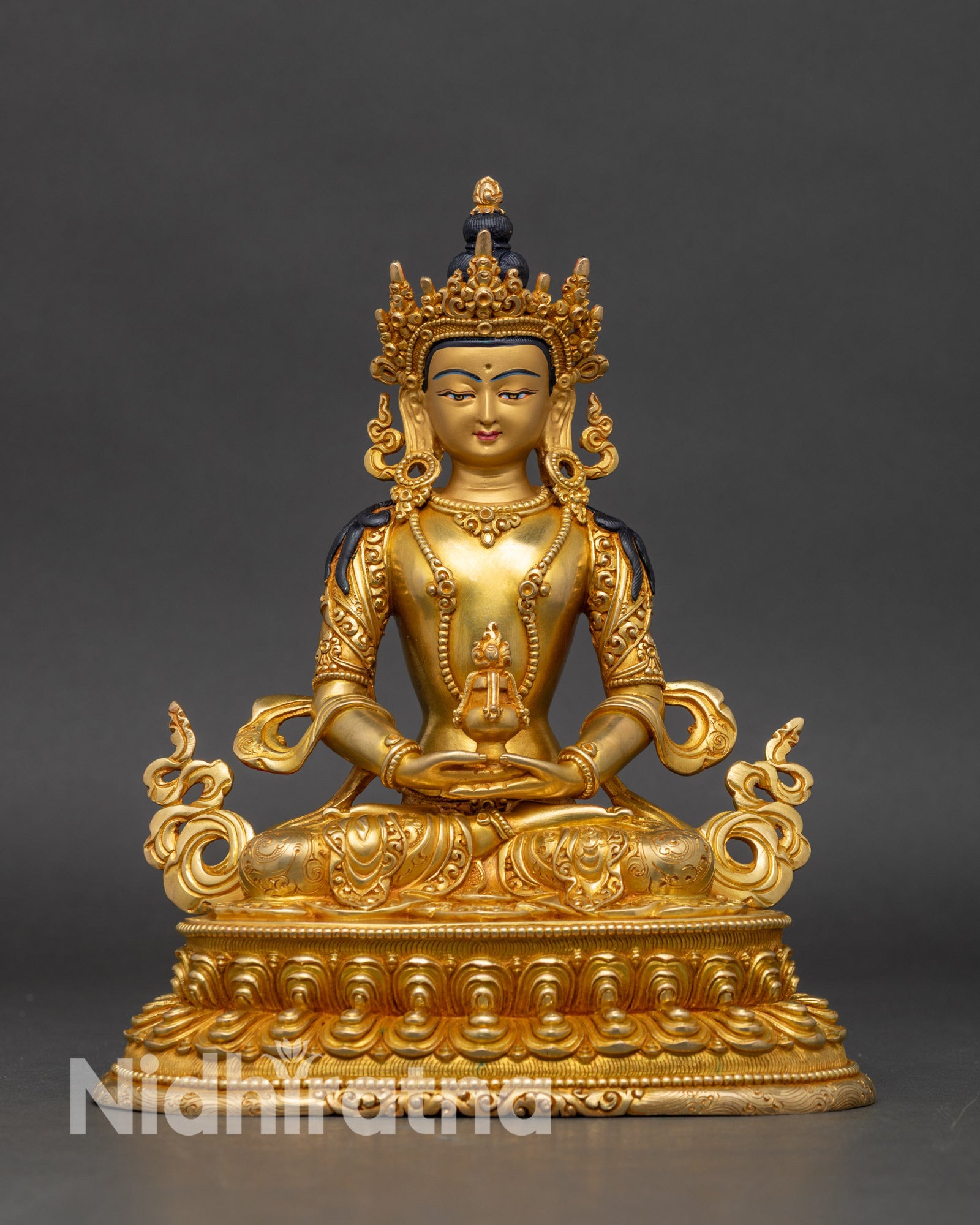 Front View of Amitayus Buddha statue,  Nepalese handcrafted long life vase 24k gold