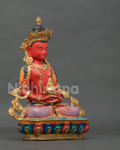 Amitayus Buddha statue gently holding the Kalasha vase of immortality symbolizing longevity.