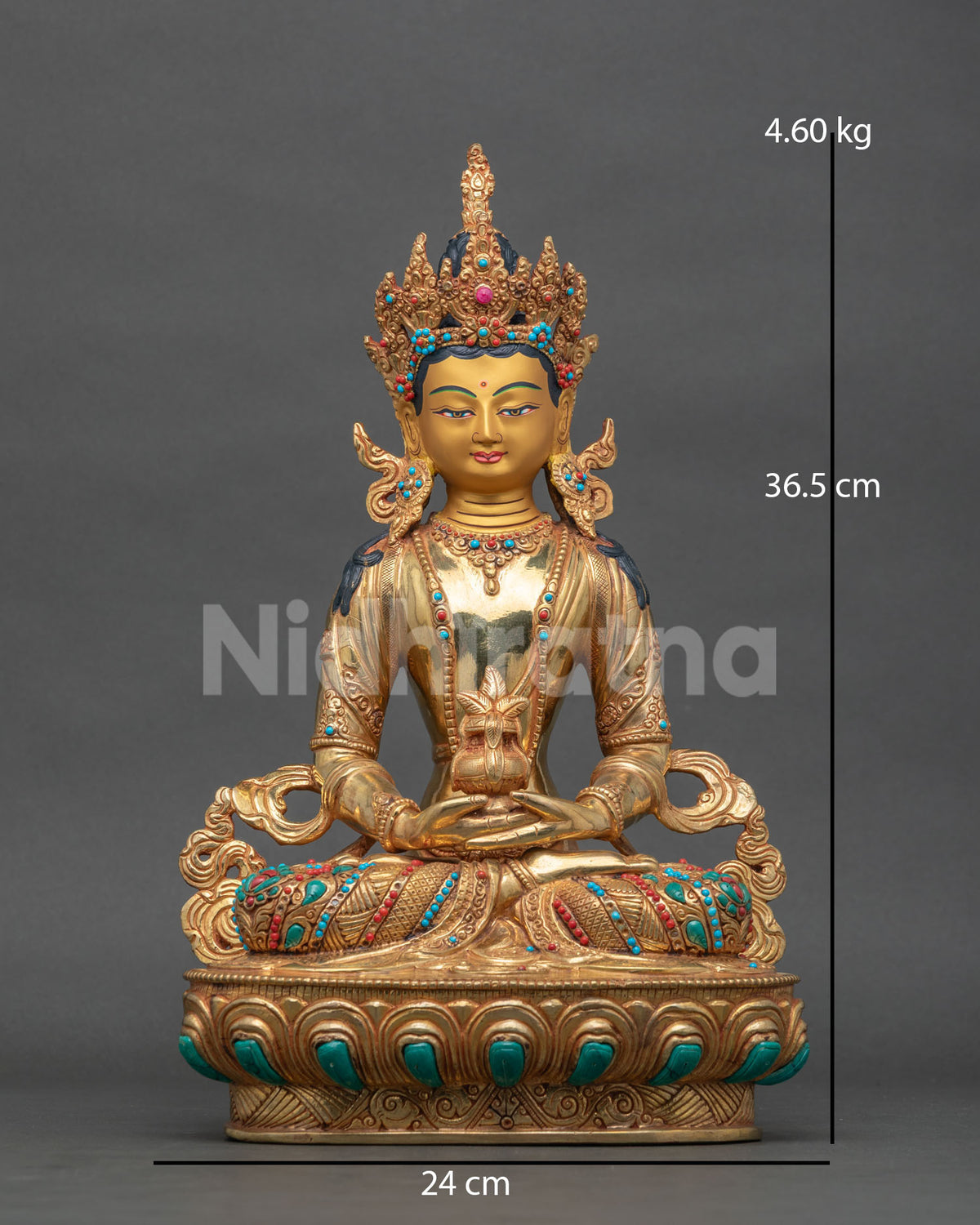 Amitayus Buddha statue gold fire gilded copper Patan Nepal.