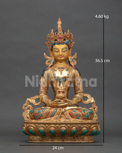 Amitayus Buddha statue gold fire gilded copper Patan Nepal.