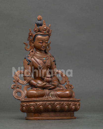 Amitayus Buddha statue hand carved lotus pedestal meditative posture.
