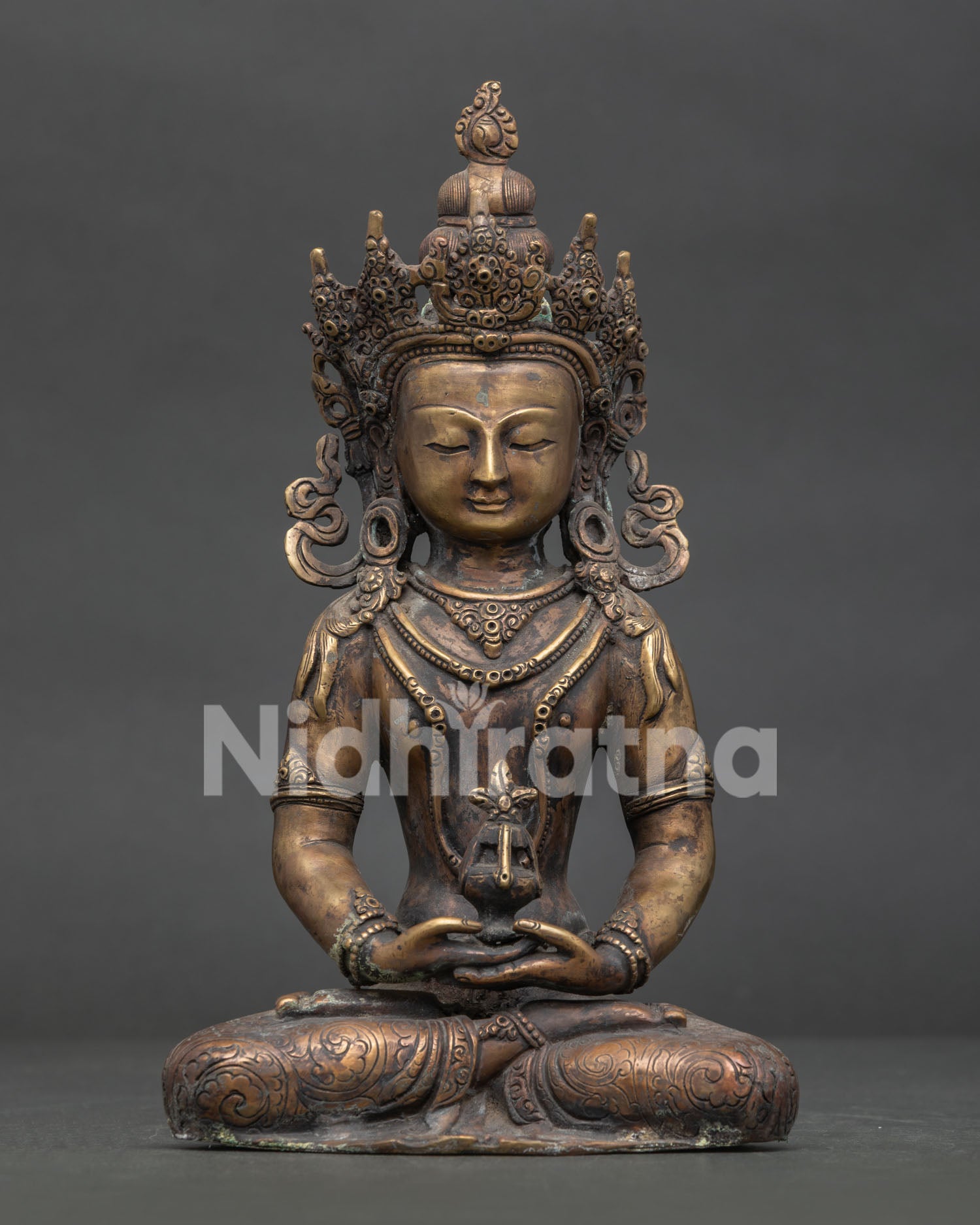 Amitayus Buddha statue handcrafted by Newari artist in Patan Nepal antique oxidized copper.