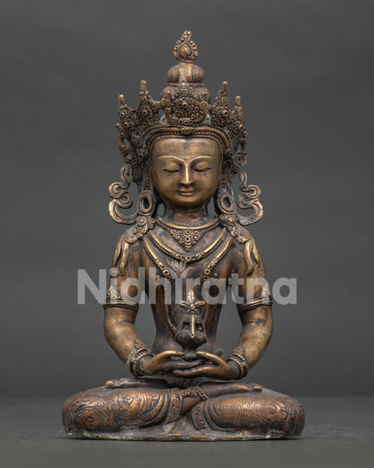 Amitayus Buddha statue handcrafted by Newari artist in Patan Nepal antique oxidized copper.