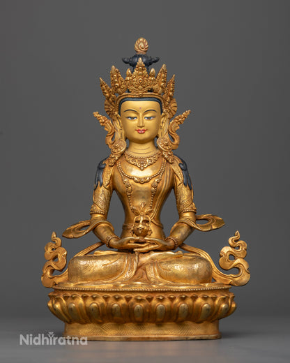 Amitayus Buddha Statue handcrafted in Patan, Nepal with gold gilding copper art