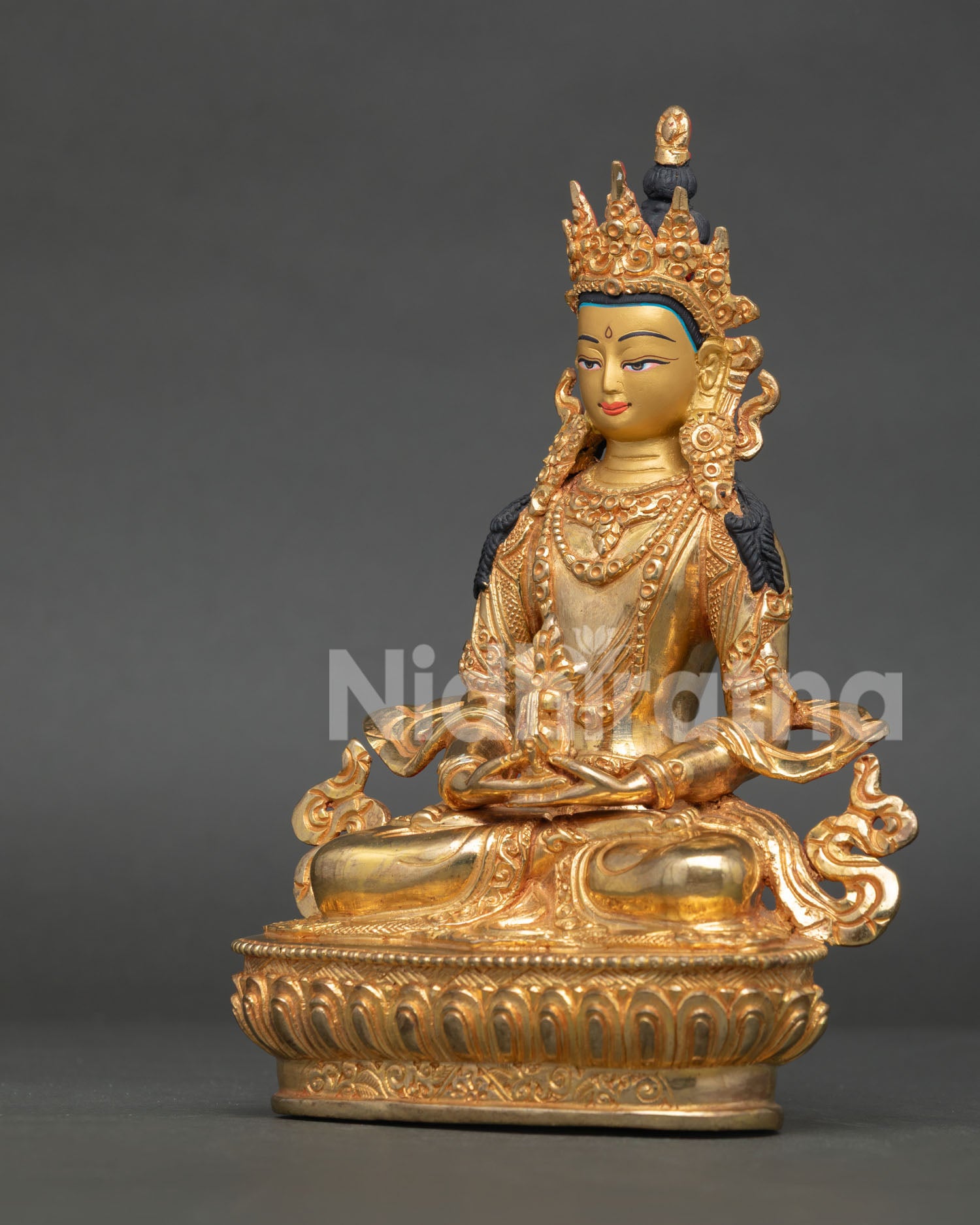 Amitayus Buddha Statue handmade in Patan Nepal with gold gilded copper body and lotus pedestal.
