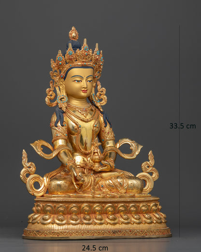 Amitayus Buddha statue holding sacred Kalasha vase of longevity.