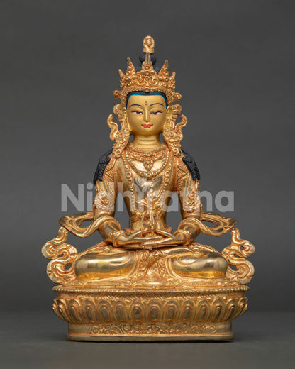 Amitayus Buddha Statue in Dhyanamudra meditation posture holding sacred ambrosia vase on lotus throne.