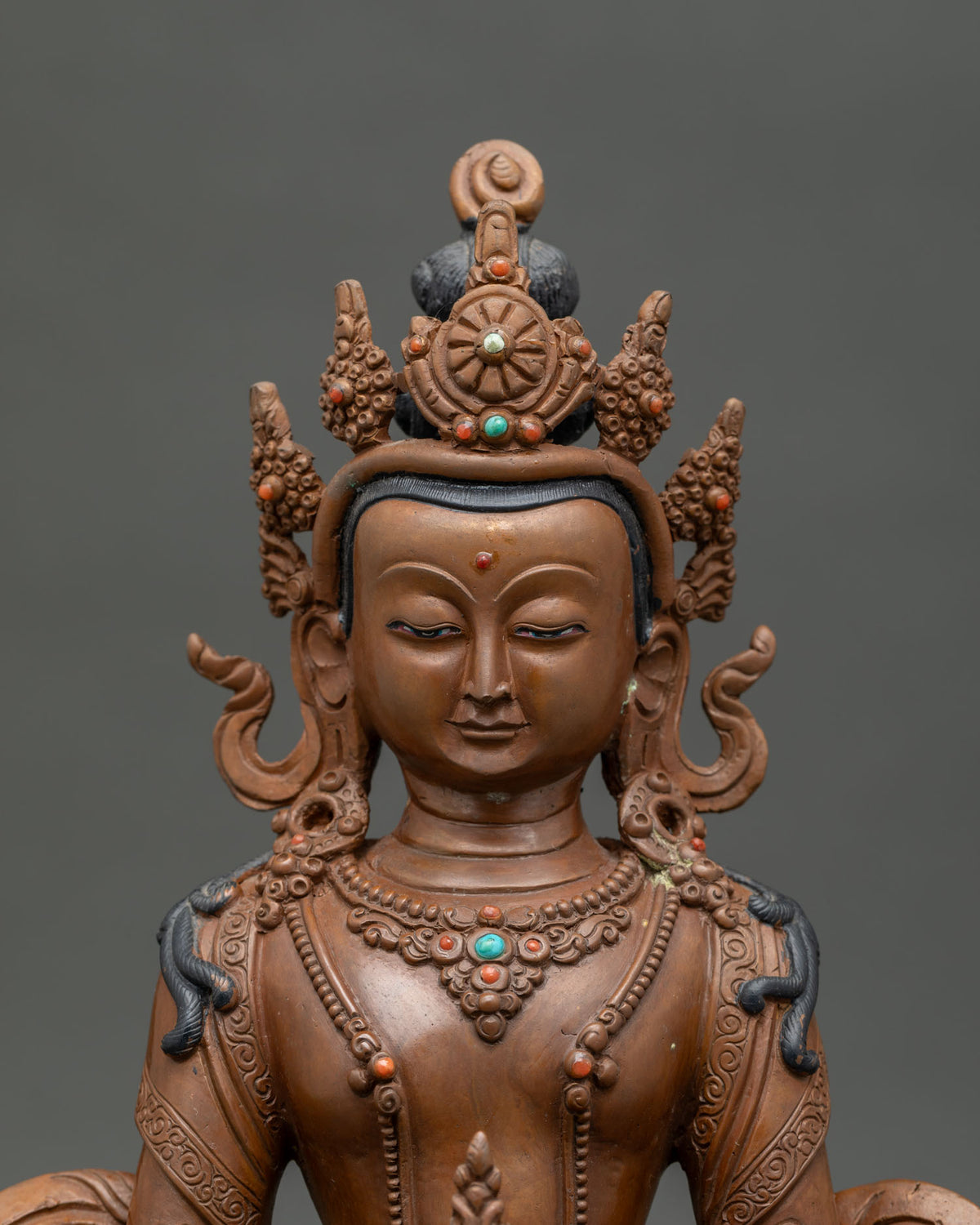 Amitayus Buddha statue Kalasha longevity vessel five jewel crown.