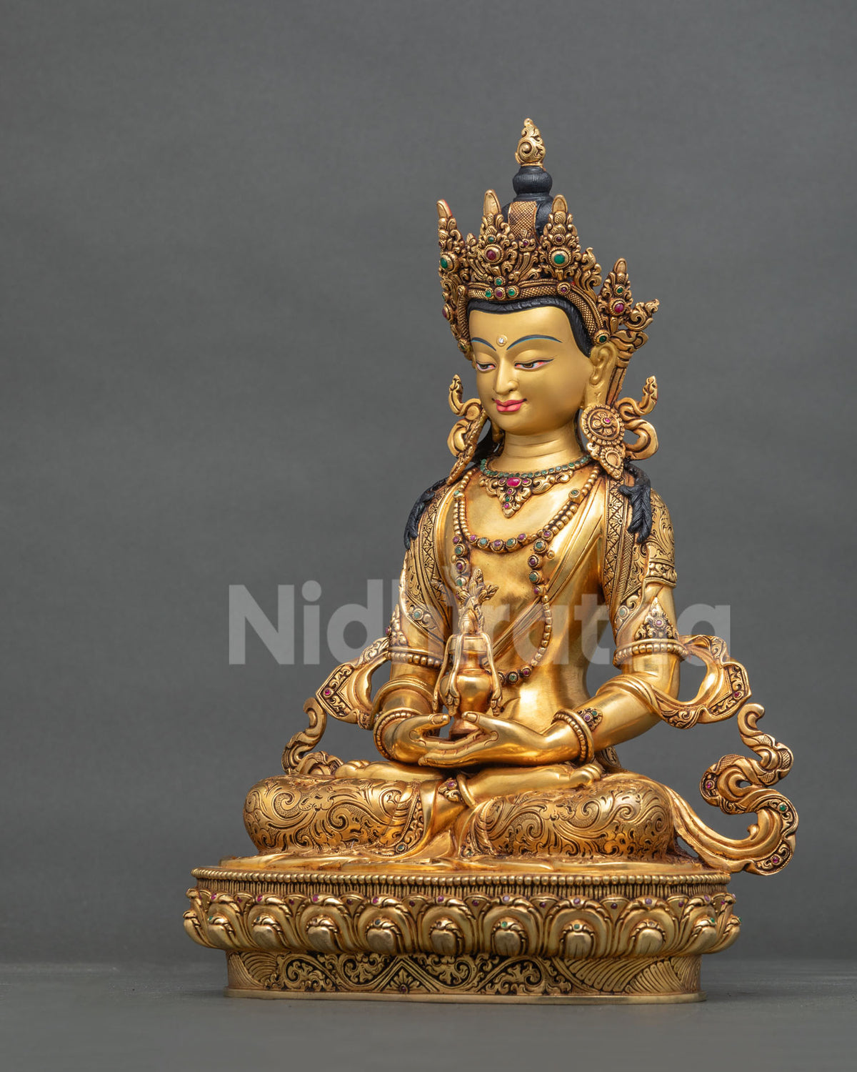 Amitayus Buddha statue left side view, long life Buddha in meditation on a lotus throne