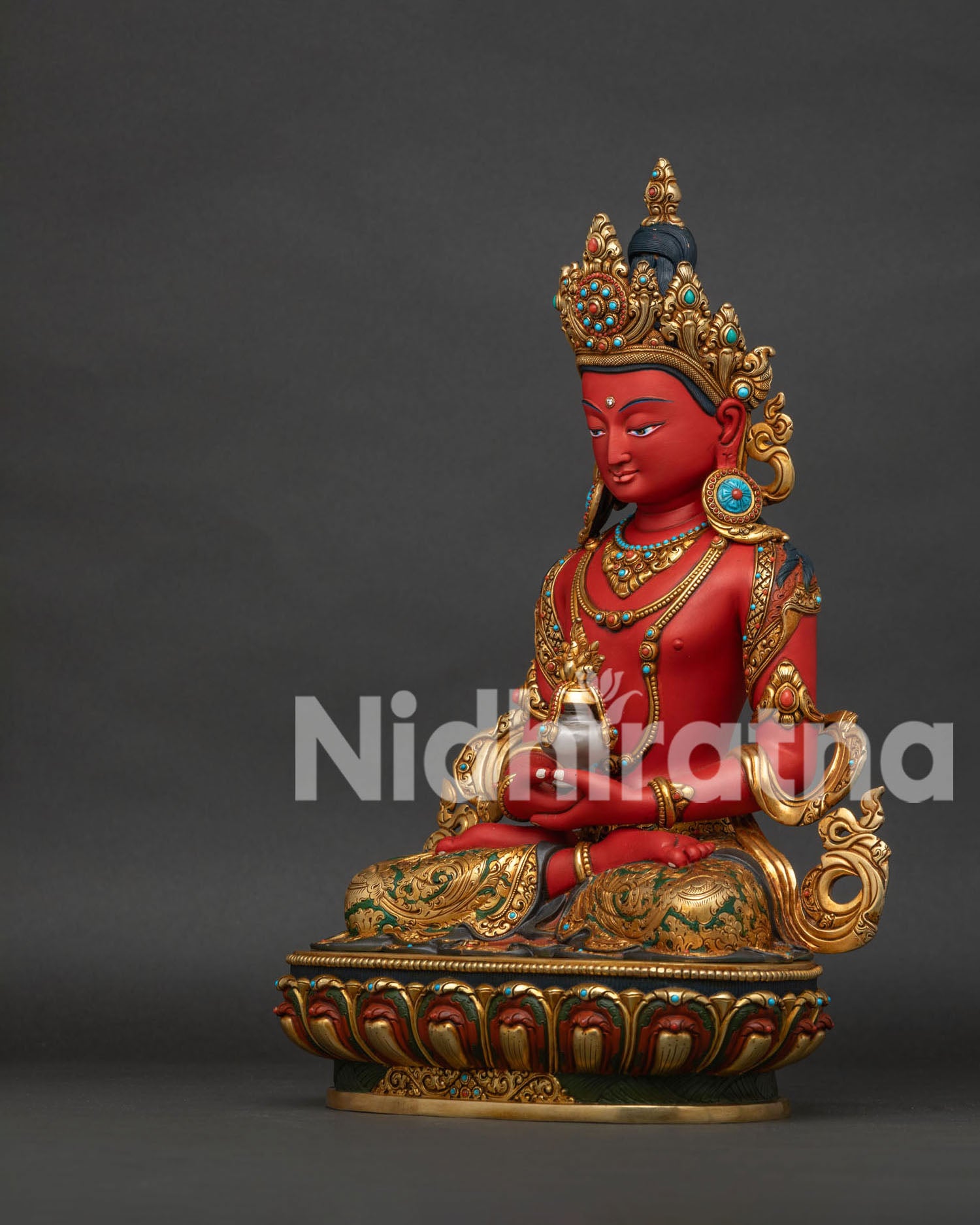 Amitayus Buddha Statue left view side showing lotus throne and intricate details
