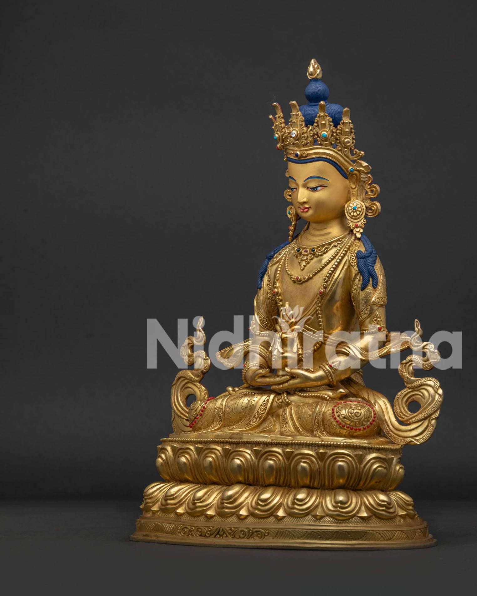 Amitayus Buddha Statue left view side with traditional Buddhist iconography