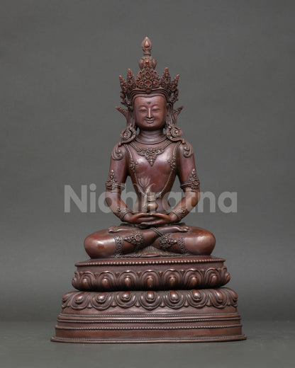 Amitayus Buddha statue on lotus seat, oxidized copper Himalayan Buddhist art Nepal