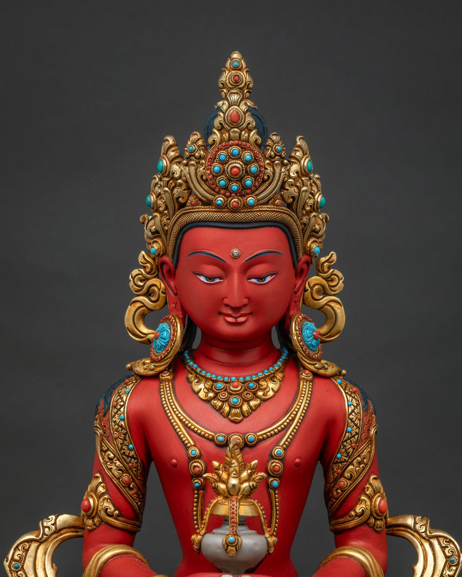 Amitayus Buddha Statue regular close up with gold gilded details and lotus throne
