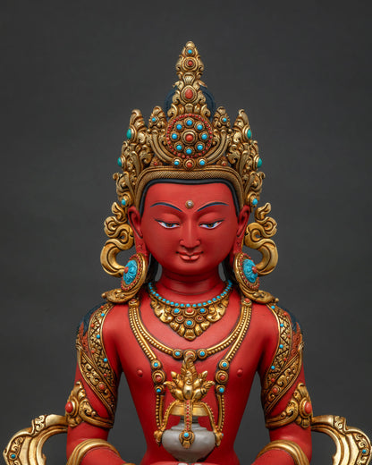 Amitayus Buddha Statue regular close up with gold gilded details and lotus throne