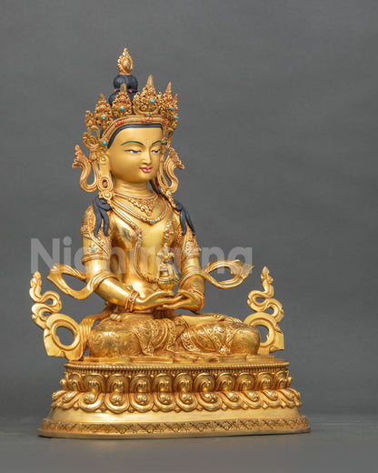 Amitayus Buddha Statue right side view Kalasha vase double lotus pedestal.