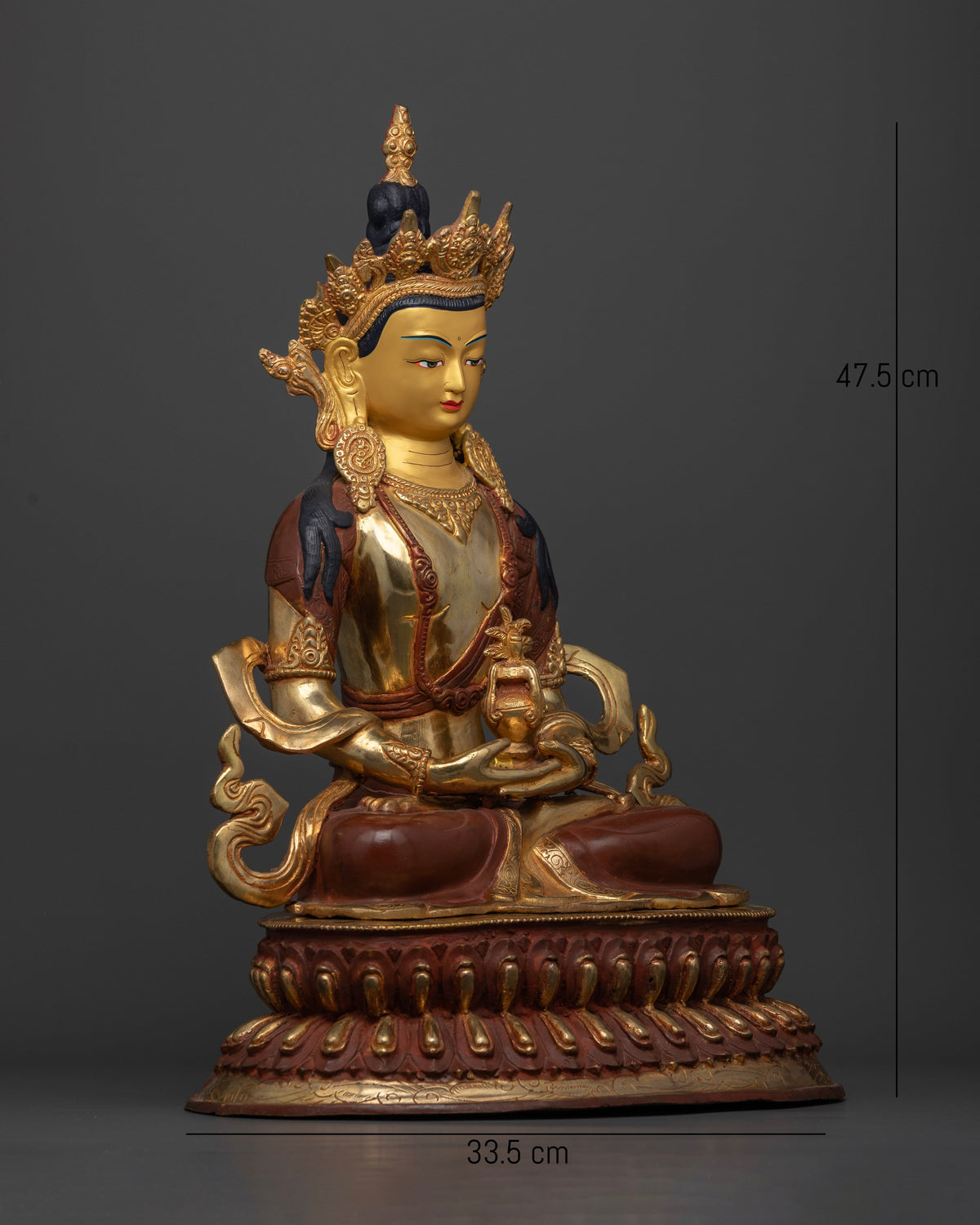 Amitayus Buddha statue right side view with silk garment and lotus pedestal.