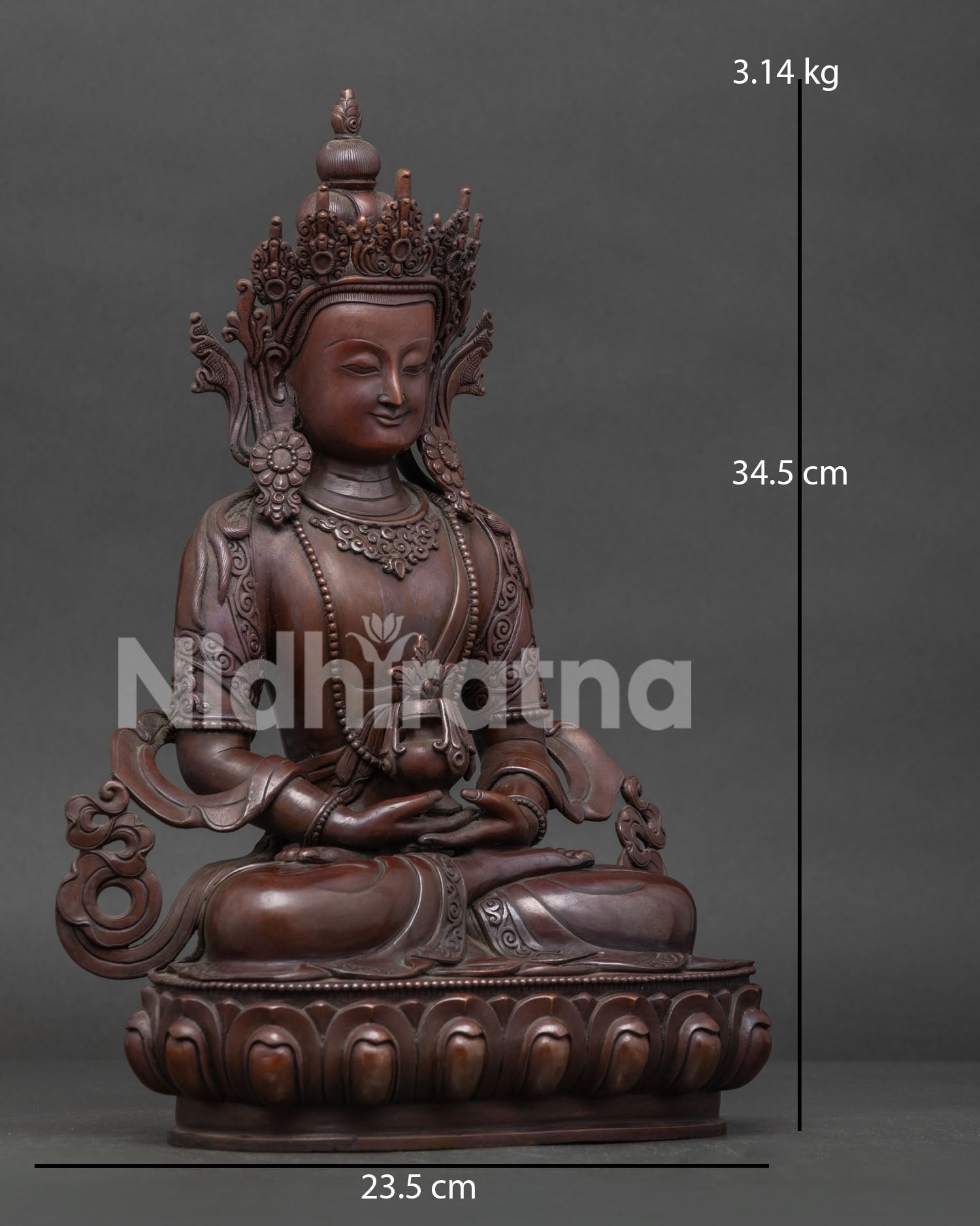 Amitayus Buddha statue showing Dhyana Mudra and sacred vase in his lap.